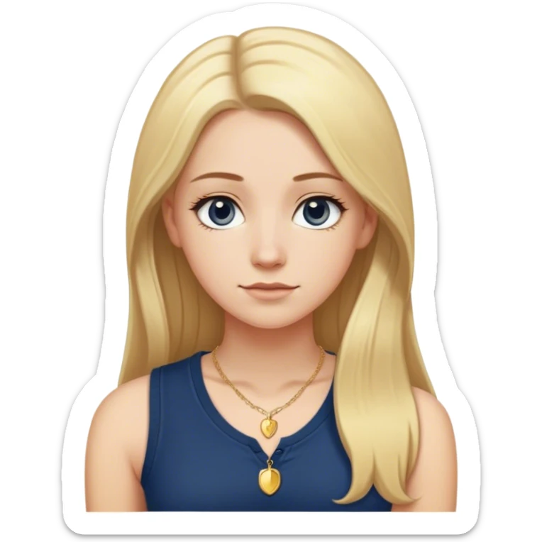 College white girl with long blonde hair straightened with a middle part. She is wearing a sleeveless navy blue Henley shirt with a small dainty girly gold necklace sticker
