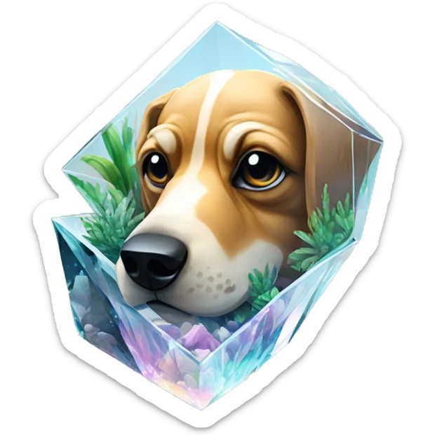 A dog made of glass mirror crystals prisms glass transparent filled with plants as a terrarium with graffiti doodles sticker