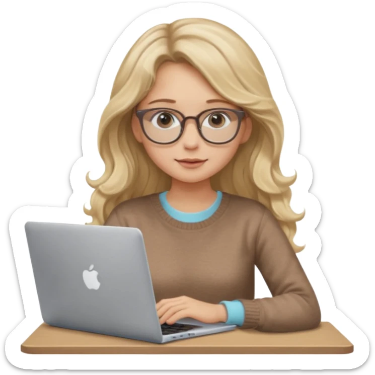 blonde girl with long dark blonde wavy hair, pantos-style glasses, a brown sweater, sitting with a laptop, looking in laptop, soft pastel, upper body shot sticker