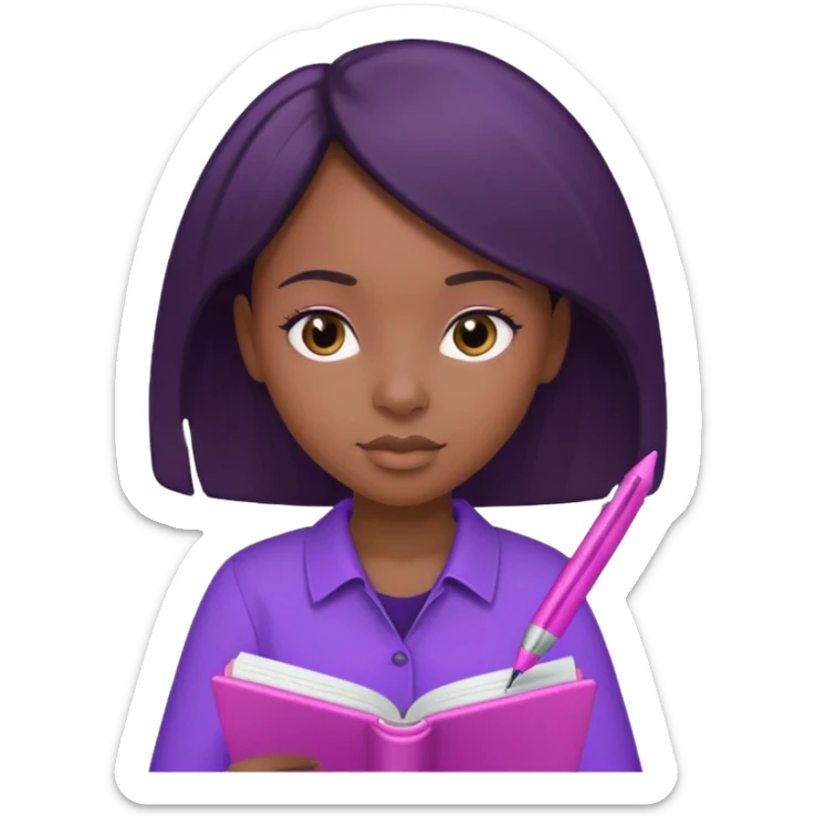 Une fille noir au cheveux lisse qui est entrain d’écrire avec un stylo rose sur un cahier violet sticker