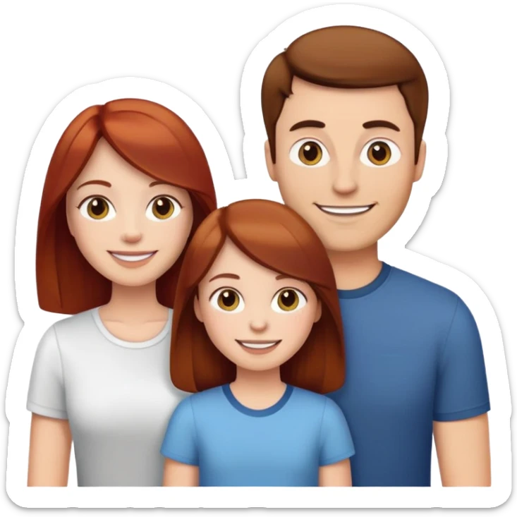 white family brown hair dad, brown straight hair mom, redhead adult daughter, black hair young man and brown hair kid  emoji sticker