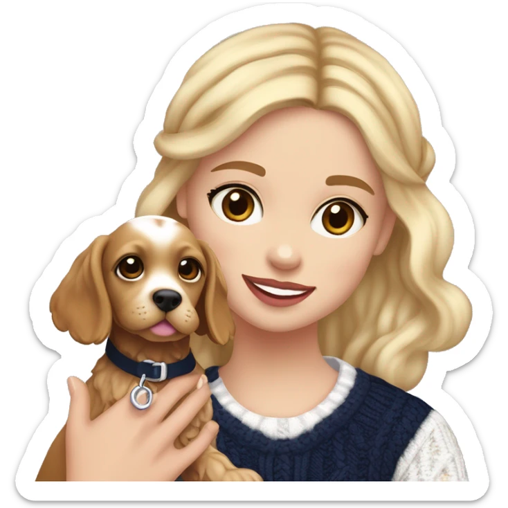 A blonde girl with brown eyes, pinkish brownish lipstick ￼wearing a navy blue headband and a navy blue and white cable knit fair isle jumper. In her arms she is holding a golden brown cocker spaniel girl puppy who had a pink collar around her neck. sticker