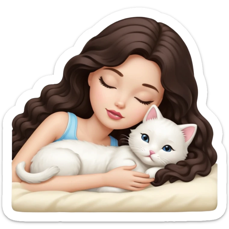 White Barbie girl dark brown long wavy hair sleeping with white kitty at cream bed sticker