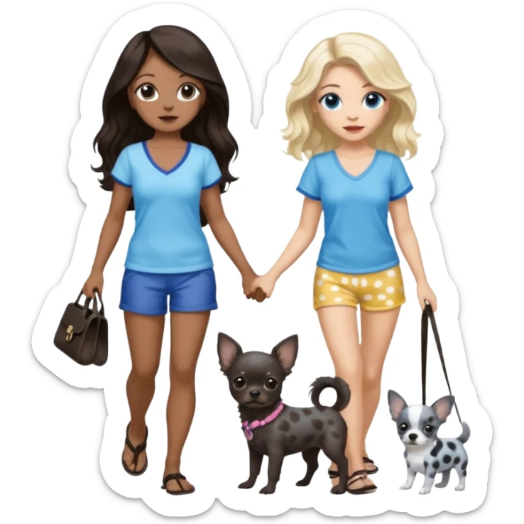 2 pretty women in beach clothes, one walking a black chihuahua puppy, one hazel eyed light skin with dark brown wavy long hair, walking a blue and gray spotted Merle Frenchie the other blue eyed light skin long blonde hair walking a black chihuahua  sticker