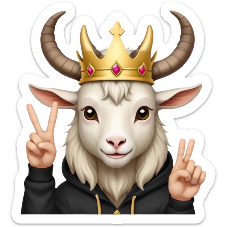 Goat with horns wearing black hoodie and a royal crown do the peace sign sticker