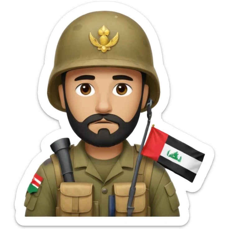 A very tired and sad, swarthy Iraqi soldier with a beard, an Iraqi flag on his helmet, a sad expression and bags under his eyes sticker