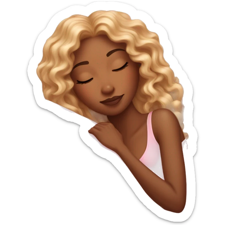 gorgeous brown skin woman with long blonde curly hair sleeping on pink princess bed sticker
