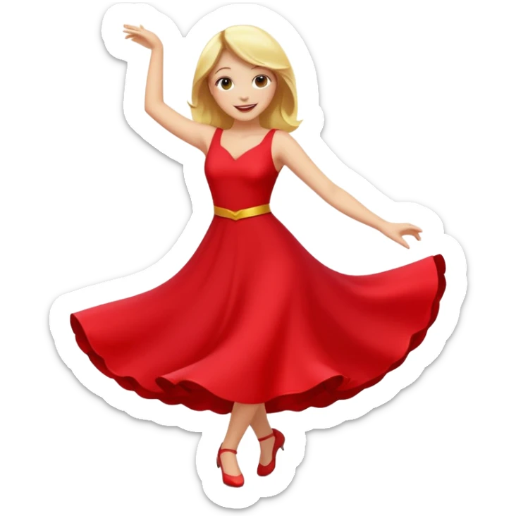 a yellow-blonde woman dancing wearing a red dress, in flat emoji / Apple style, smooth shapes, glossy highlights, bright saturated colors, simple features, minimal details, no outlines, red clothes flowing, joyful pose
 sticker