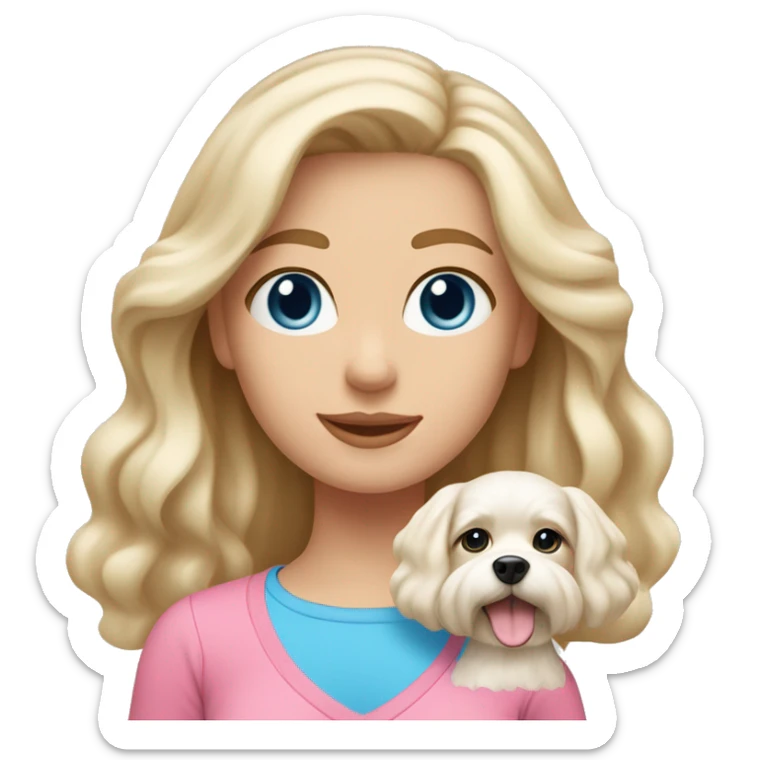 Girl with light skin, blonde white waves hair,blue eyes , wearing in pink top.  hold on Maltese dog sticker