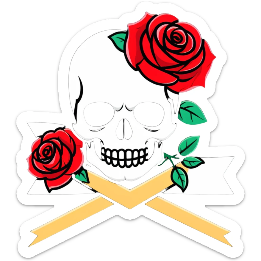 Traditional Americana tattoo art skull with bold outlines, red roses, and a banner sticker