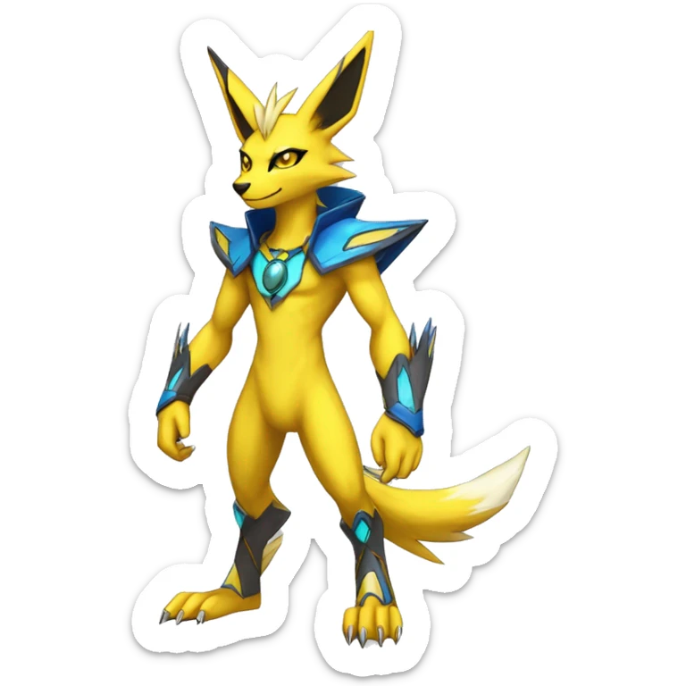 Yellow Shiny Colorful Anthro Edgy Cool Sonic-Zeraora-Anubis-Renamon-Jolteon-Pokémon-Fakémon with shiny blue markings Full Body Detailed High Quality  sticker