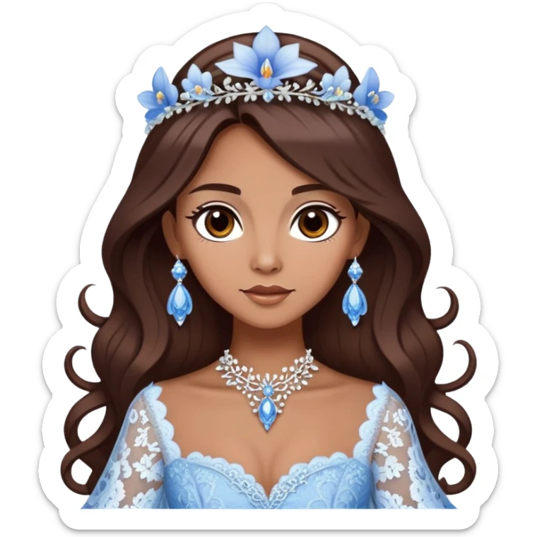 enchantress with brown eyes and tanned skin and long chocolate brown hair wearing a embellished winter blue and white lace gown with orchid tiara sticker