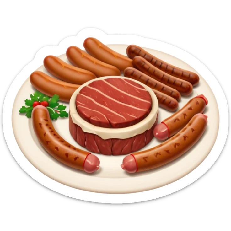 Meat dishes avatar in clean emoji-style illustration. Steak, roasted meat, and sausages, rich brown and red tones, simple shapes, flat design, hearty and appetizing. sticker