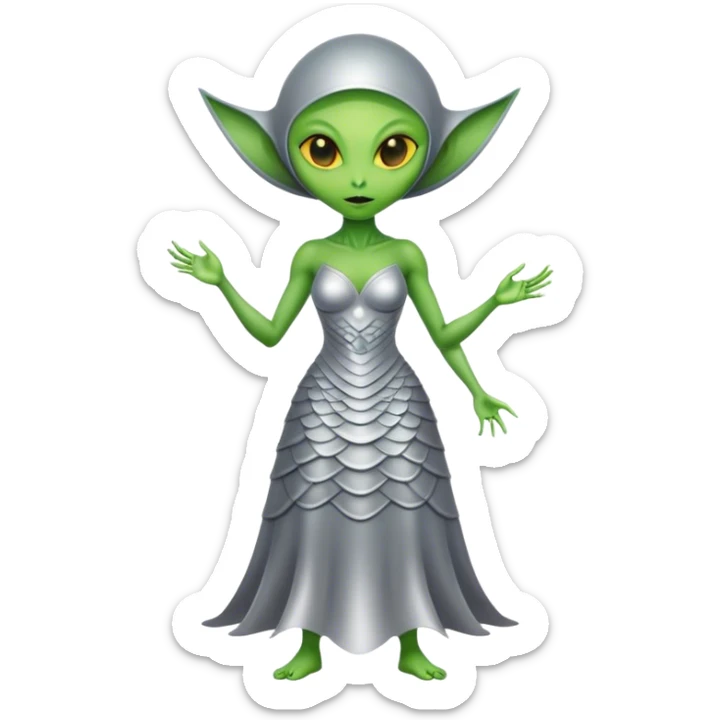 Green Alien woman with Cycloid scales, in silver dress, full figure, yellow eyes sticker