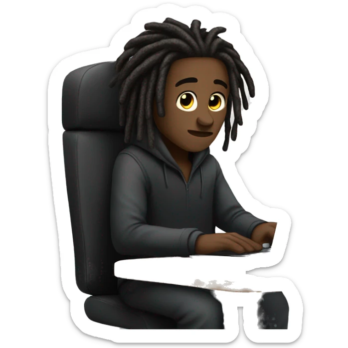 Black-guy-with-dreads-wearing-black-trackstuit-sitting-down-on-chair facing-foward-focused-on-laptop-computer- sticker