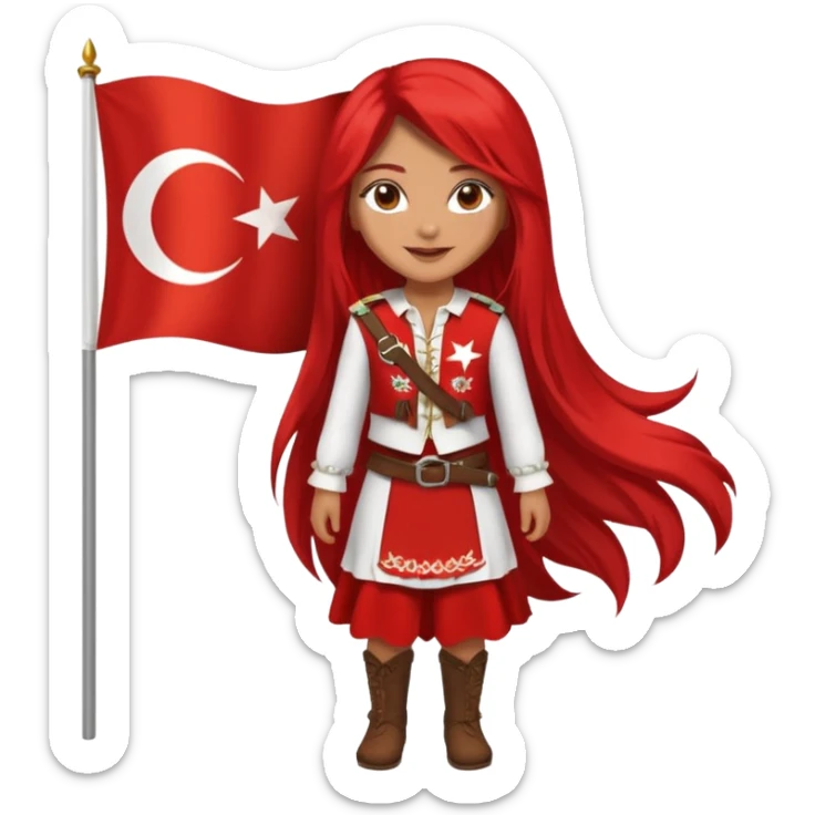 ultra sexy happy Turkish girl with Turkish flag in national outfit, full body, long bright hair sticker