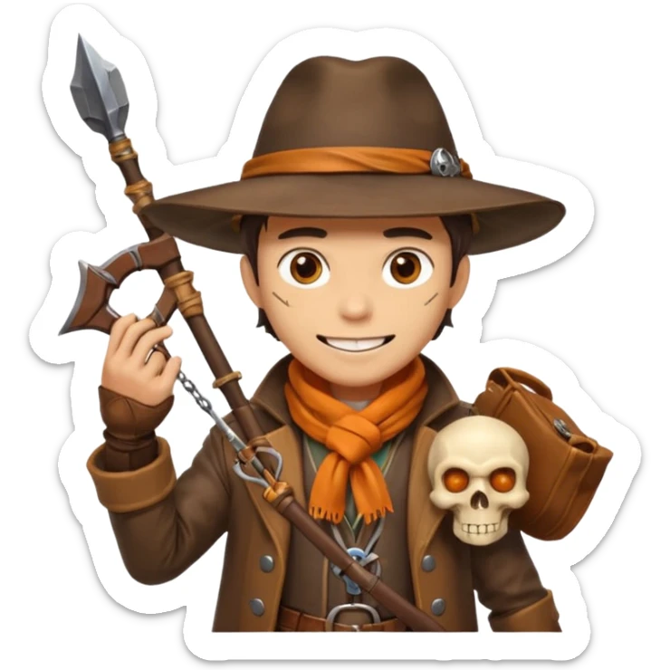 male human monster hunter emoji, wearing brown leather coat and wide hat, holding crossbow or rifle, with amulet shaped like skull, Halloween fantasy theme, confident smile, orange scarf, Apple emoji style, clean white background, square image sticker