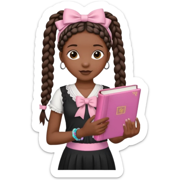 Black girl with boho braids,white bow, black leggings;white top, and pink bible  sticker