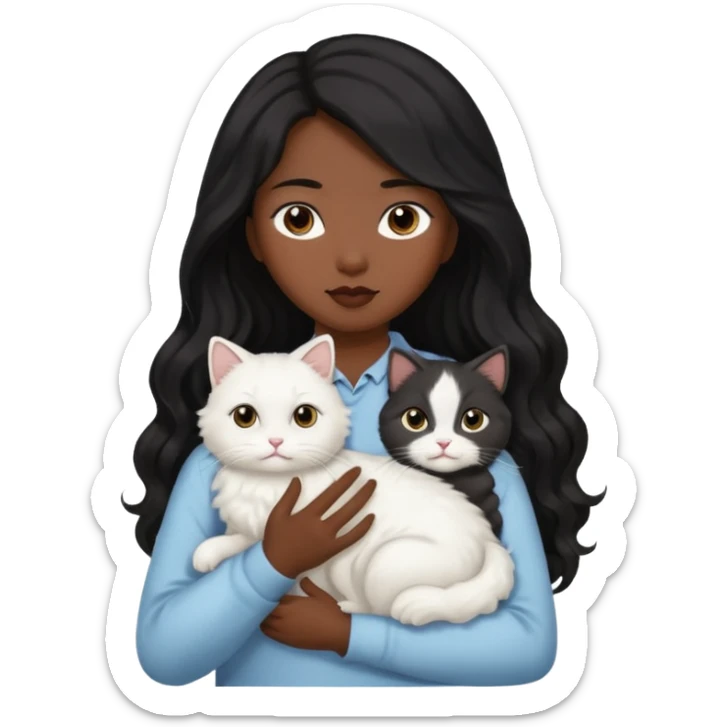 Asian woman with long black wavy hair holding cat white cat sticker