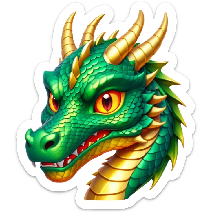 Cinematic Noble Dragon Portrait Emoji, Poised and majestic, with a sinuous, elongated body covered in intricately detailed, shimmering scales in hues of emerald and gold, and piercing, fiery eyes that reflect ancient wisdom; rendered with lifelike texture and natural highlights, high shine, intelligent and formidable, styled with an aura of mythic power, focused and attentive, soft glowing outline, capturing the essence of a legendary dragon that appears ready to soar out of the screen with timeless authority! sticker