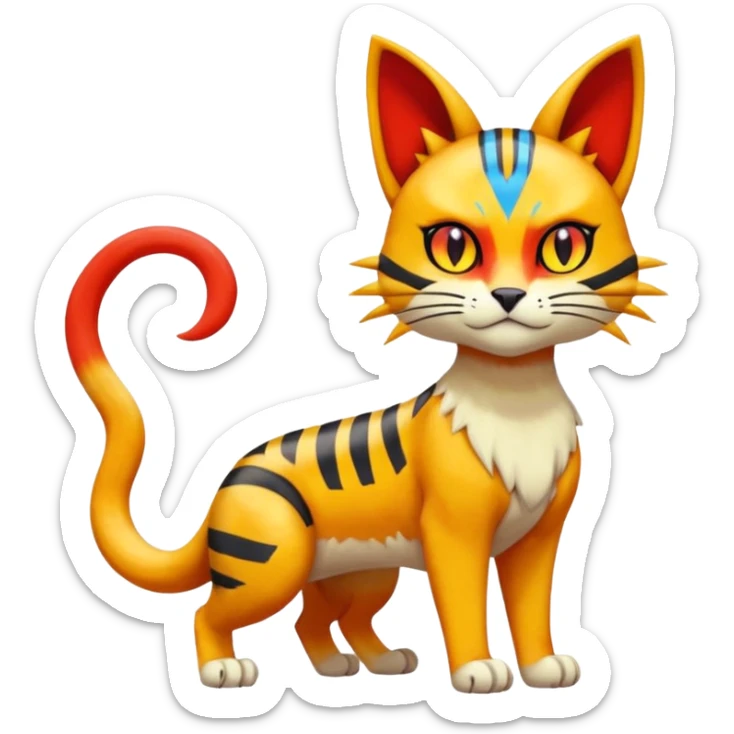 Colorful orange red black yellow Bastet-Gatomon-Meowth-Vernid-Protogen-Digimon-Fakémon-Pokémon-creature  (full body) sticker