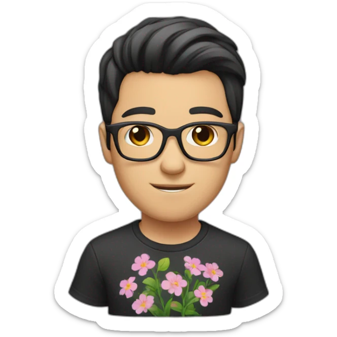 white guy with dark short hair wearing glasses and dark t-shirt with flowers print sticker