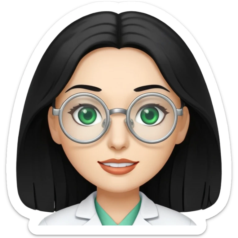 Woman with long, Black hair, Silver round Glasses and with green eyes as a dentist sticker