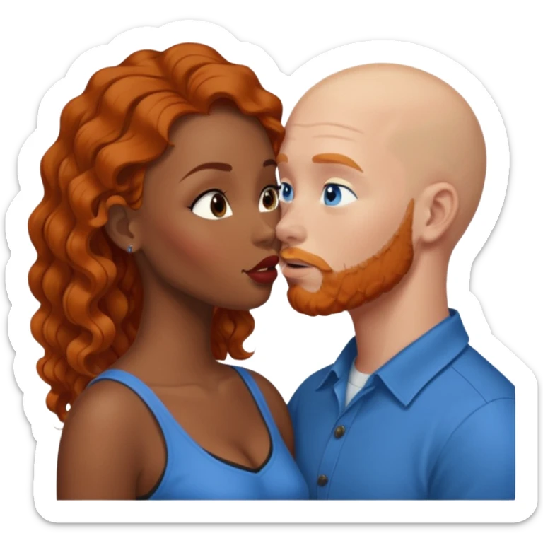 Bald white male with ginger beard and blue eyes kissing African American brown woman with black wavy hair sticker