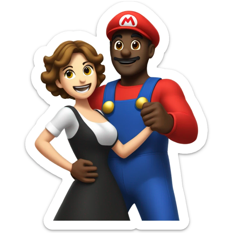 Black man wearing giant Mario costume dancing with brunette woman  sticker