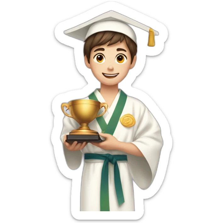a 12-year-old boy with brown hair with a prize cup in one hand and a diploma in the other hand in a white kimono sticker