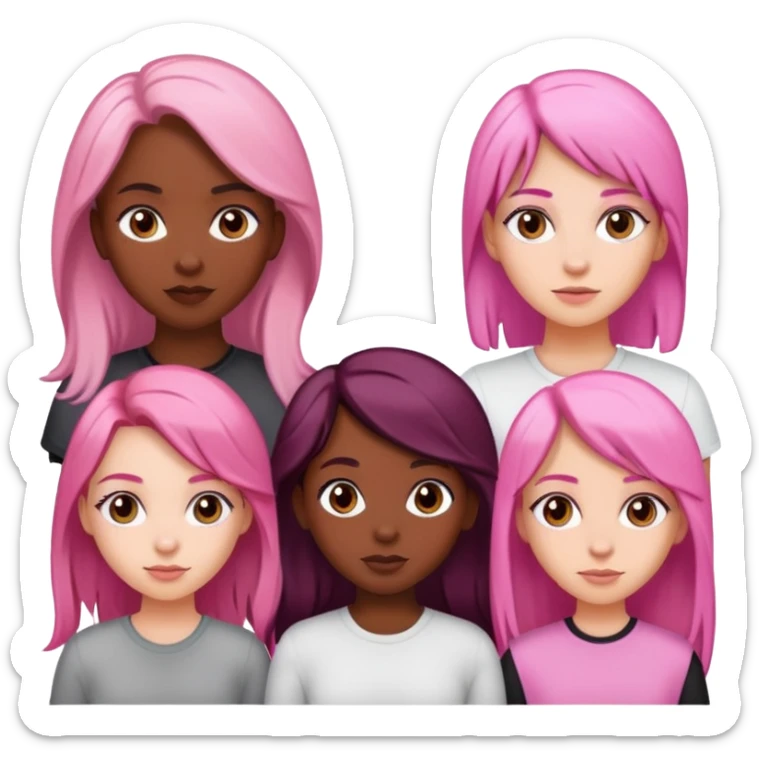 a black girl with dark brown hair next to a white girl with pink hair and a white girl with brown hair sticker