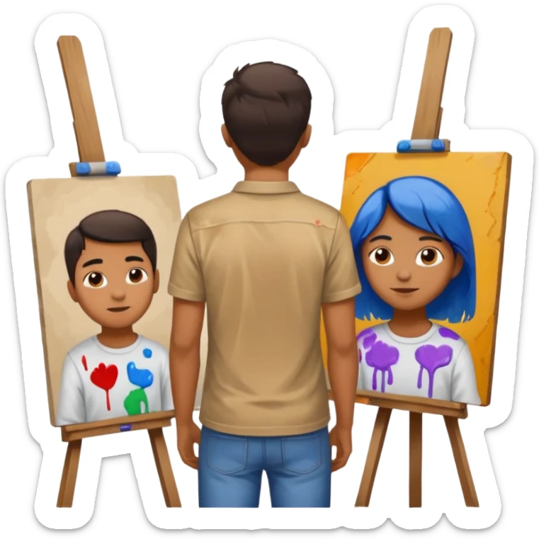 the artist stands with his back to the painting, painting a portrait sticker