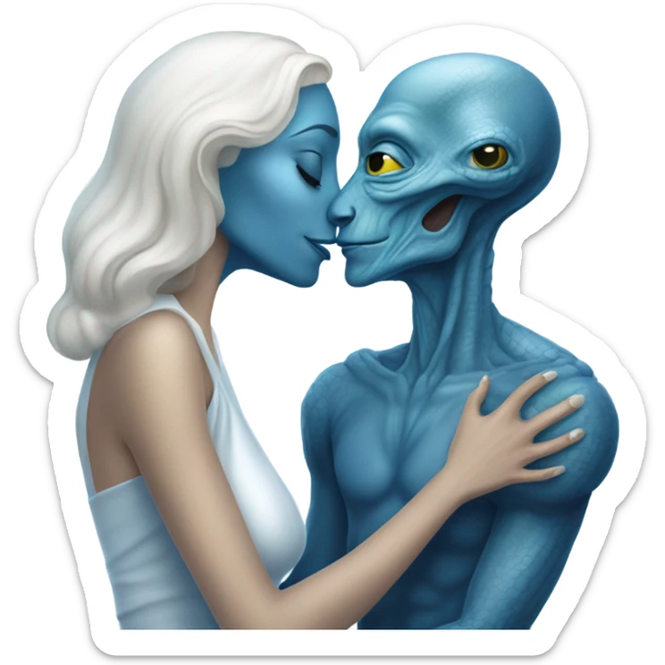 Alien reptilian woman in white dress hugs and kissing a normal "white male human man" in blue dress sticker