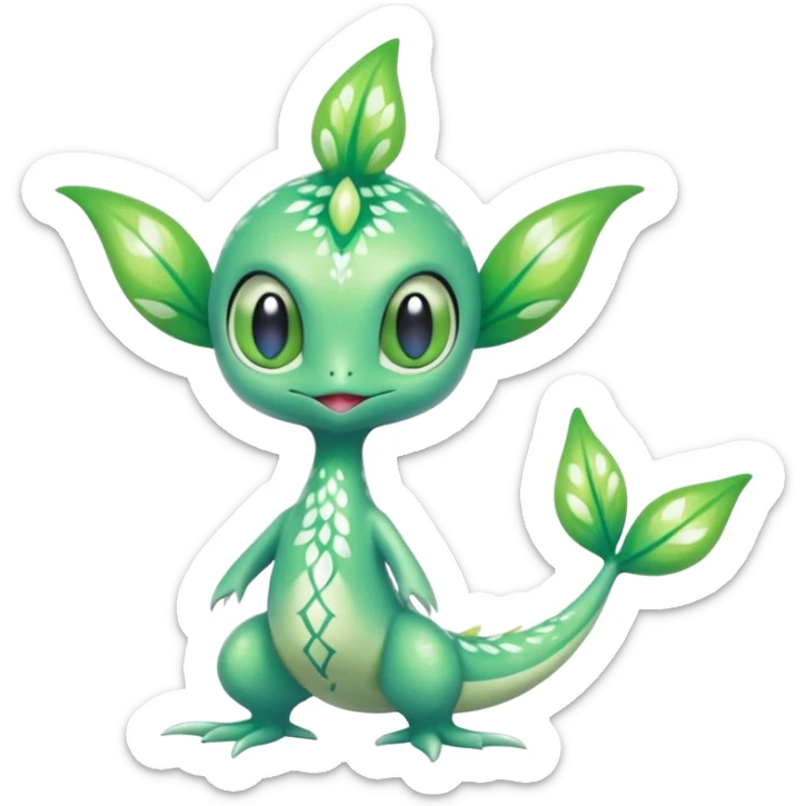 Sparkly White And Green Natural Flowery Colorful Grovyle-Swadloon-Celebi-Fakémon-hybrid-creature (full body)  sticker