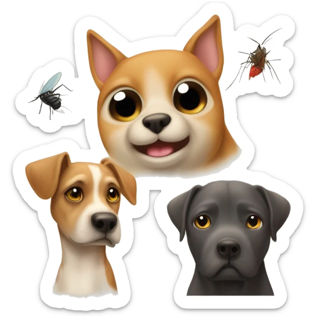 Un perro con un gato un loro un hámster una mosca un mosquito una rata riéndose de un humano sticker