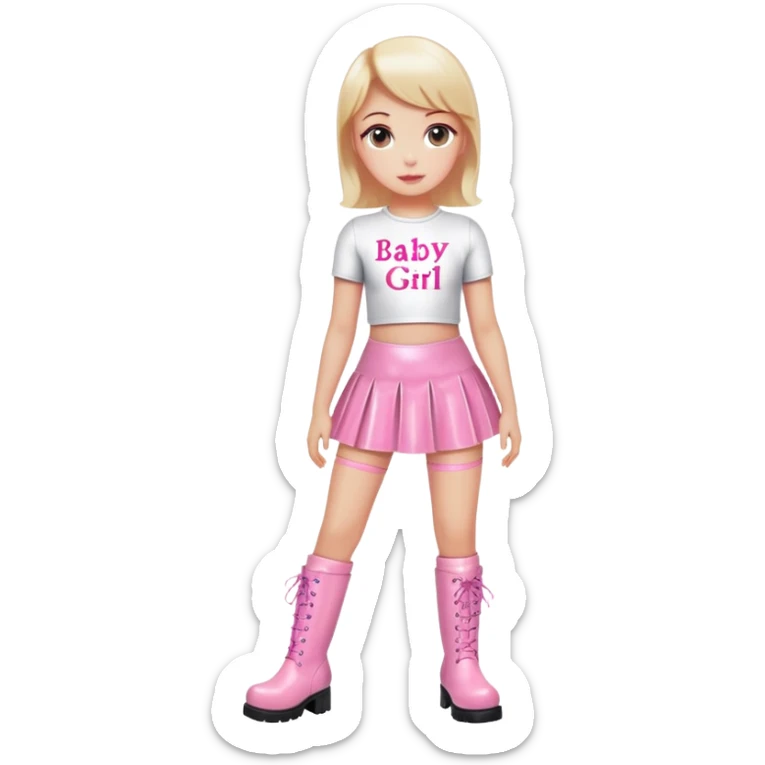 Mini latex skirt and boots and short top with pink inscription “Baby girl” sticker