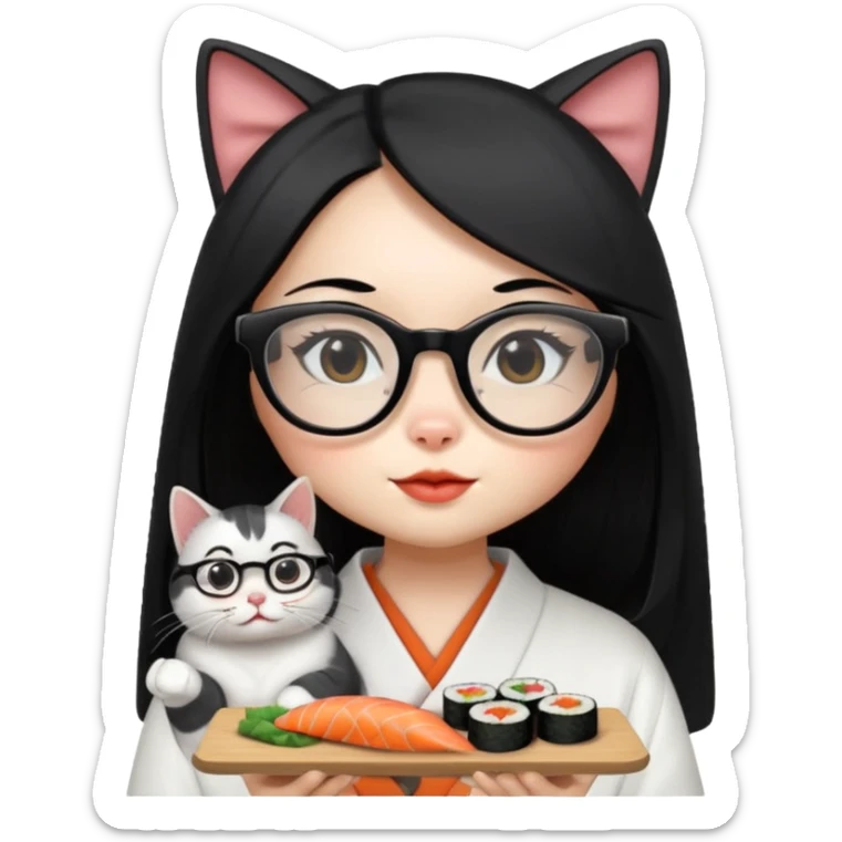 cute girl cat with long straight hair and really big square glasses with super thin frames eating sushi sticker