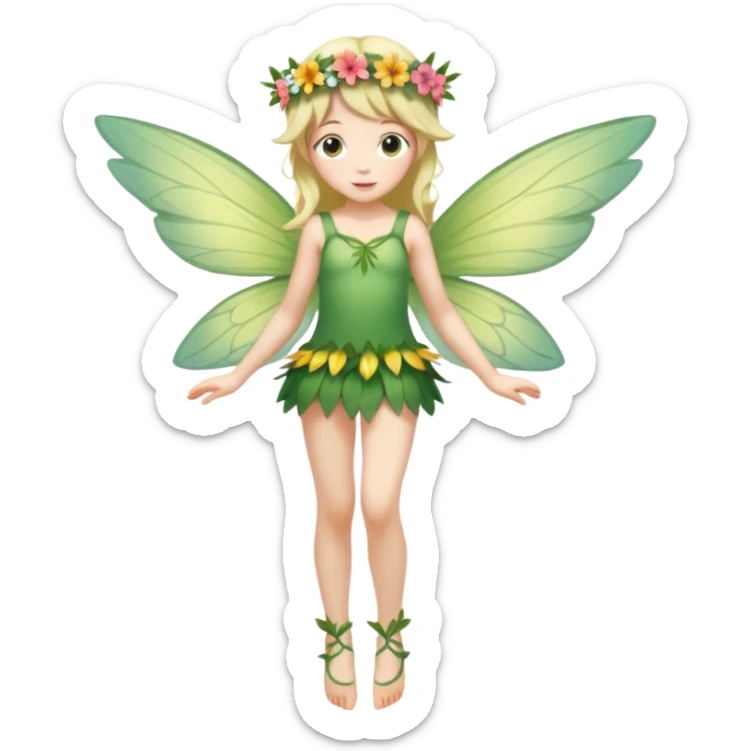A flower fairy girl, slender in figure, with wings, her entire body slightly tilted, one leg straight, one leg bent, one hand raised, the other lowered. sticker