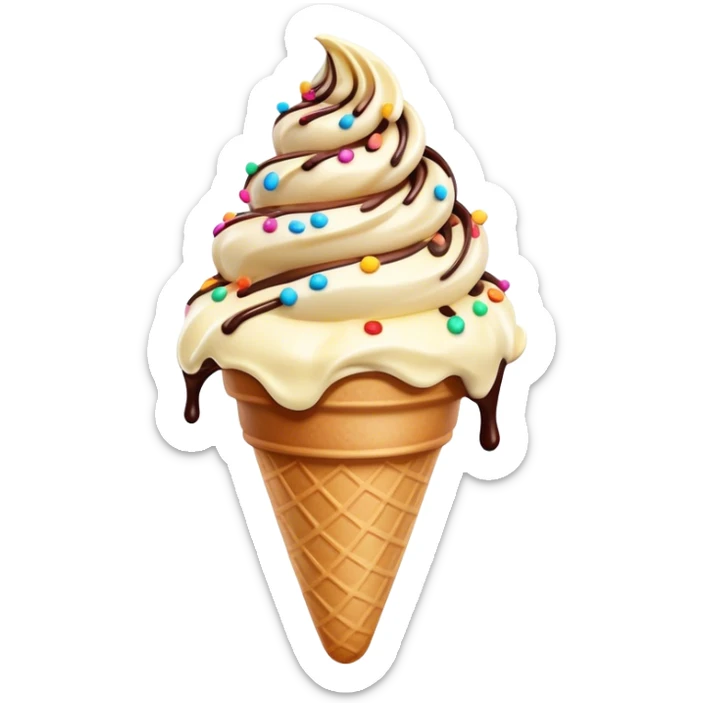 Cinematic scoop of rich, creamy ice cream, slightly melting, smooth swirls of chocolate and vanilla, colorful sprinkles on top, warm glowing background, playful and inviting. sticker