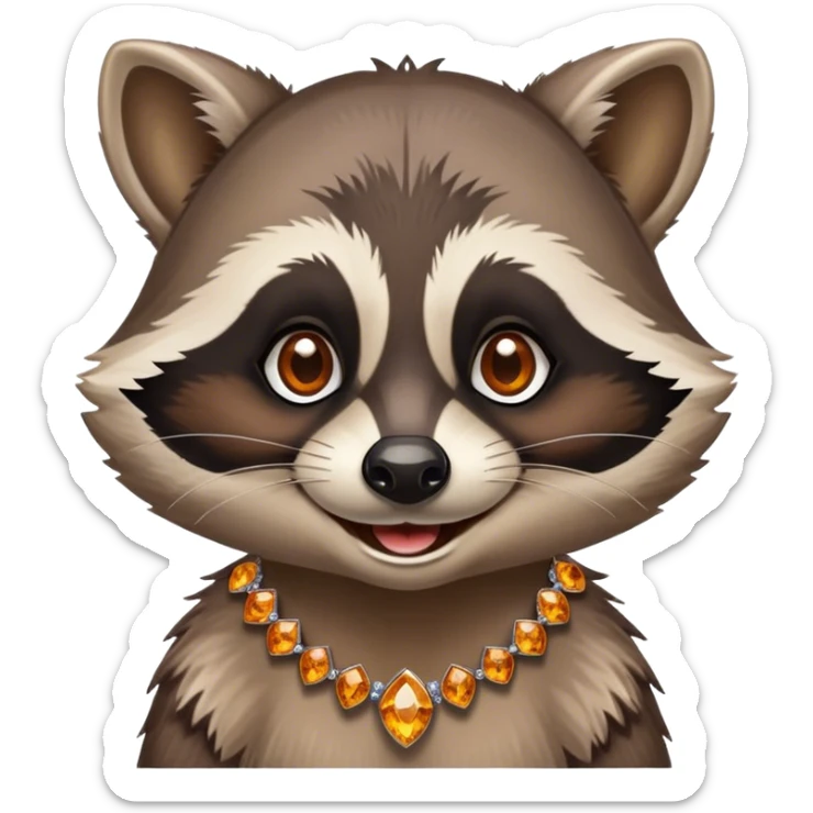 Steampunk style illustration depicting a happy raccoon with tanned skin, adorned with amber and diamonds sticker