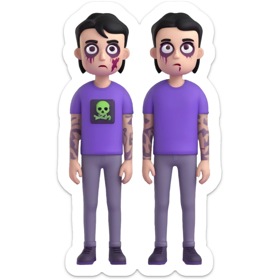 zombie boy with black emo hair and purple shirt, 3D emoji style sticker