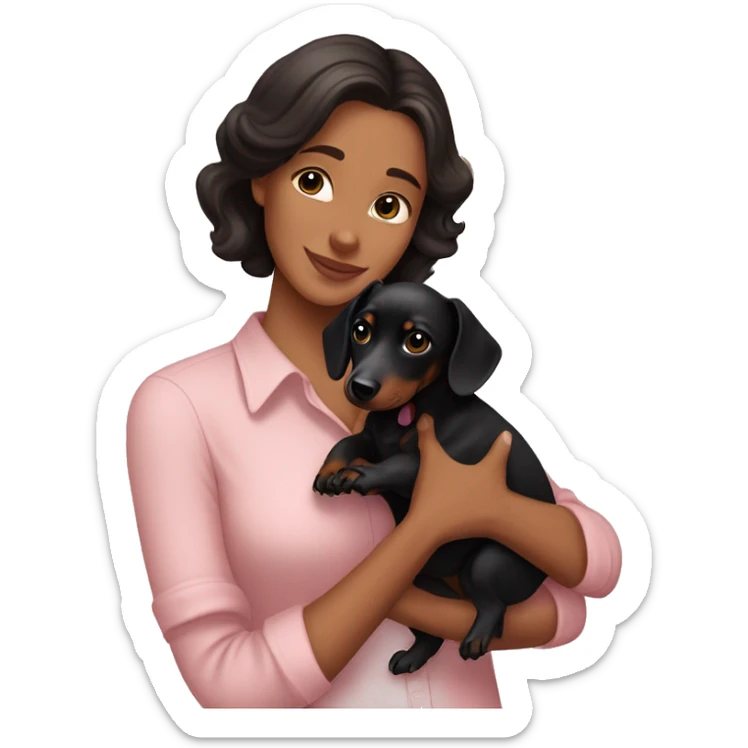 a brunette woman in a light pink shirt, with light skin, holding black dachshund puppy in her arms lovingly sticker