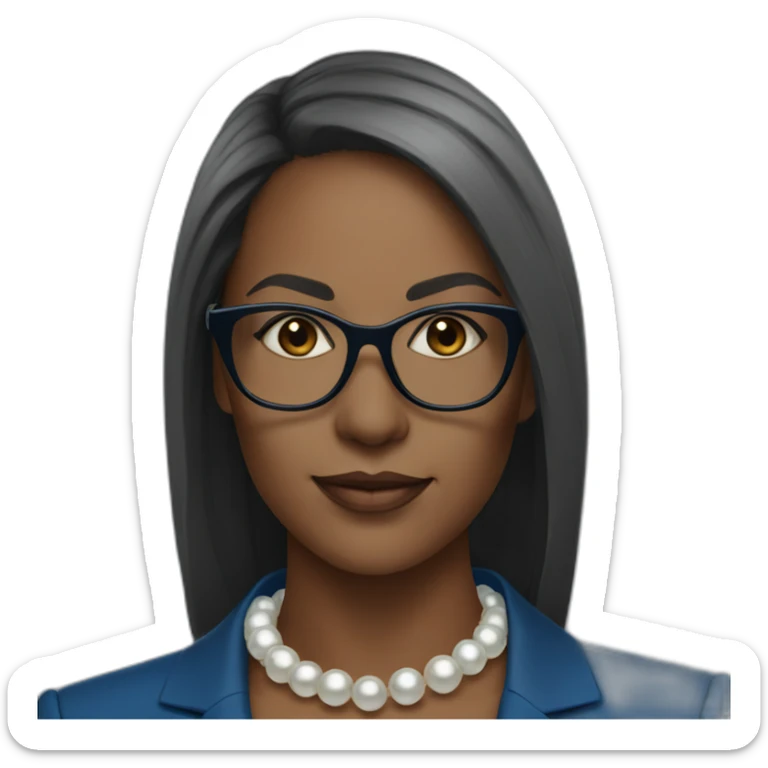 black woman ceo, black glasses, blue blazer, pearl necklace, straight hair sticker