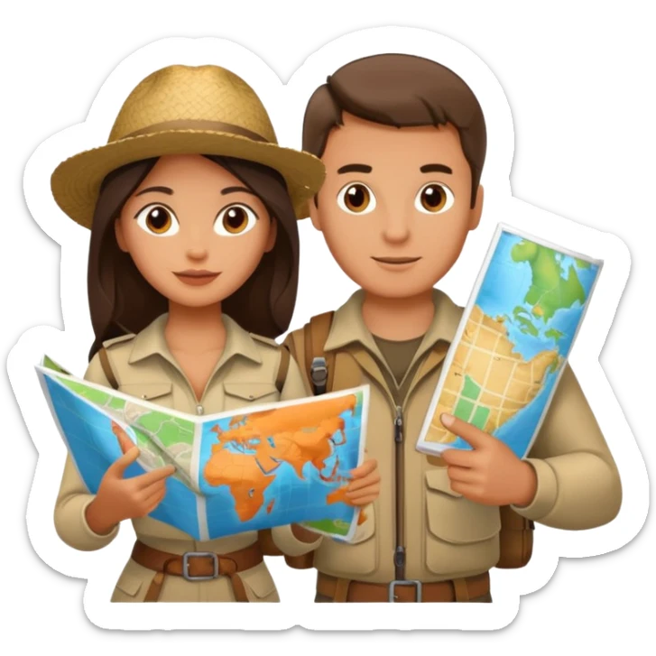 Russian man and elegant Latina girl in adventure outfits with a map planning a trip sticker