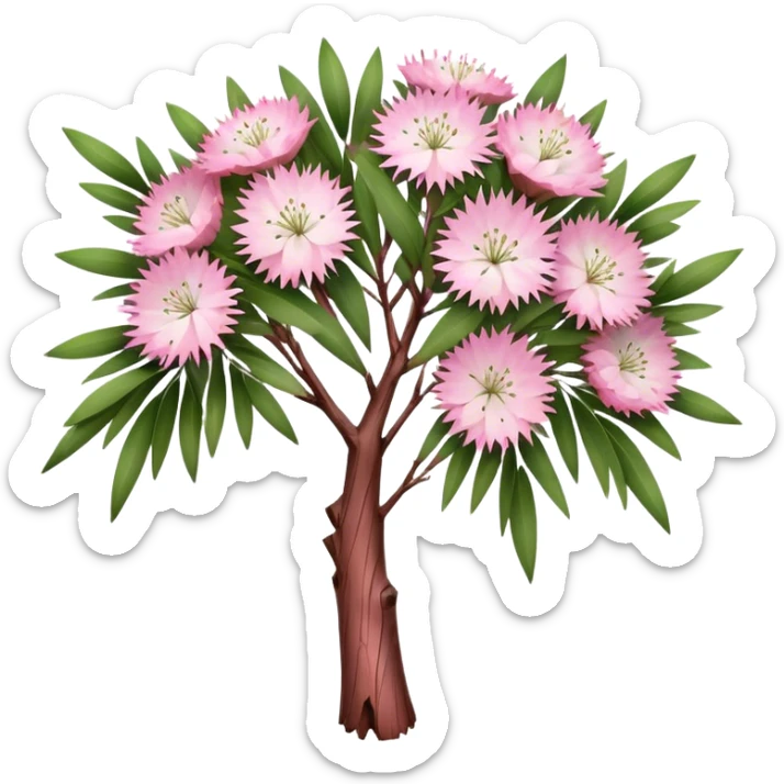 Cinematic Realistic Melaleuca Emoji, Elegant and resilient, with peeling, papery bark and delicate, needle-like leaves. The tree stands tall and graceful, with clusters of white and pink flowers dotting the branches. Soft glowing outline, capturing the essence of natural elegance and resilience in a beautiful melaleuca tree! sticker