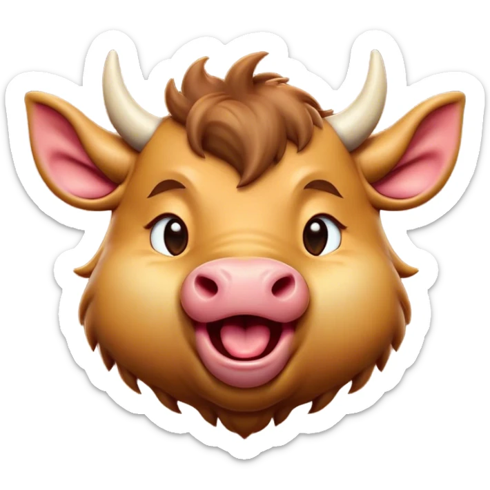 Cinematic Cute Yawning Domestic Ox Portrait Emoji, Head tilted slightly with a dramatic, wide-open yawn, showcasing a soft, textured hide with drooping horns and half-closed, drowsy eyes, Simplified yet irresistibly adorable features, highly detailed, glowing with a soft, cozy natural glow, high shine, relaxed yet expressive, stylized with a dash of pastoral whimsy, soft glowing outline, capturing the essence of a sleepy yet affectionate ox that seems ready to stretch out for a nap! sticker