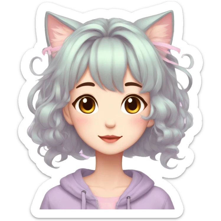 Gorgeous pastel anime girl with blushing face and hair garnitures and pretty hair and cat ears aesthetic trending style sticker