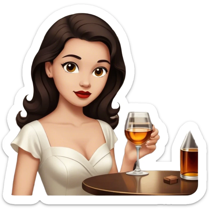 Beautiful woman in 1950’s woman fashion look, white dress, long dark brown hair, whisky sticker