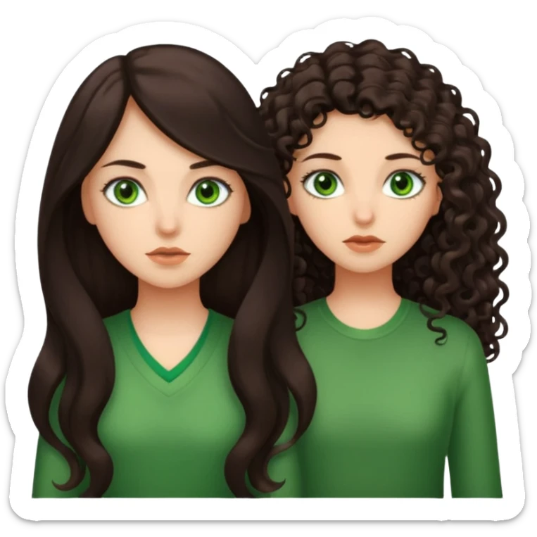 Two scornful girls, 1: long ironed straight darkbrown hair, green eyes, 2: long curly darkbrown hair, brown eyes sticker