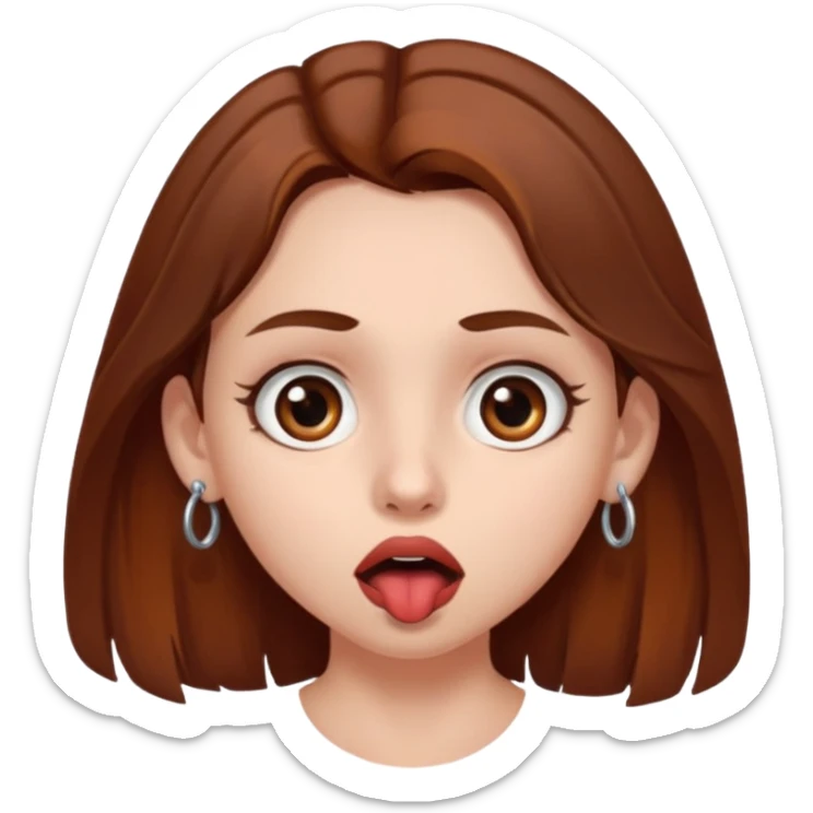 A girl with chest-length brown hair with a reddish tinge, with fair skin, brown eyes and a septum piercing, surprised sticker